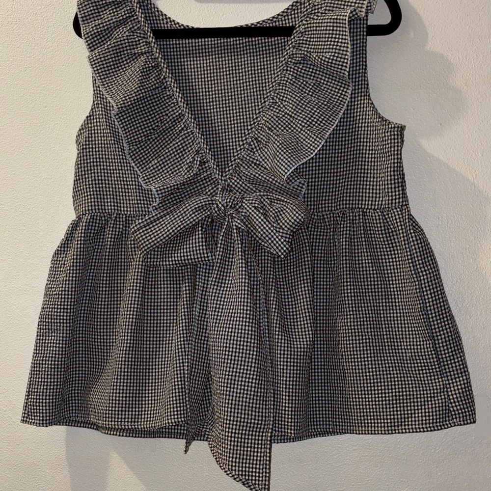 Gingham Ruffle Tie-Front Sleeveless Top - Black & White size small - Picture 1 of 9